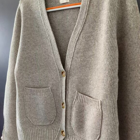 Khaite Beige Wool Cardigan Sweater V-Neck with Patch Pockets - Picture 3 of 9